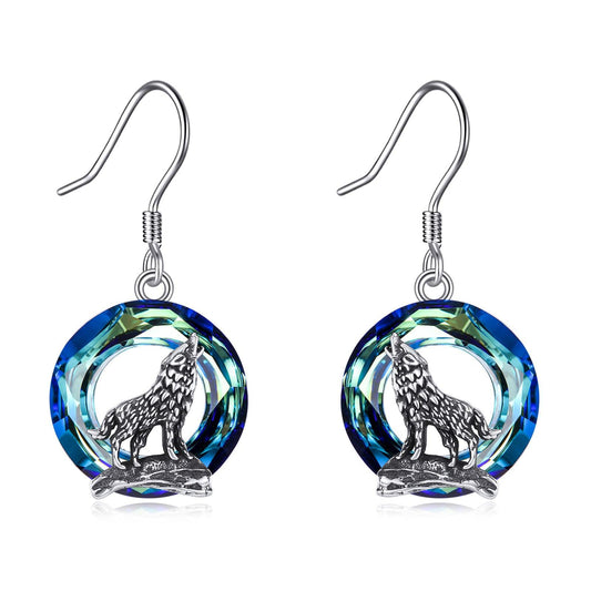 Sterling Silver Viking Wolf Earrings Necklace Jewelry with Crystal