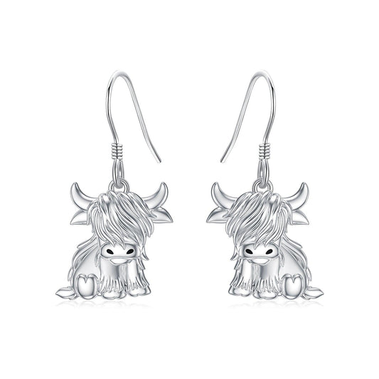 Highland Cow Earrings for Women 925 Sterling Silver Cow Dangle Drop Earrings