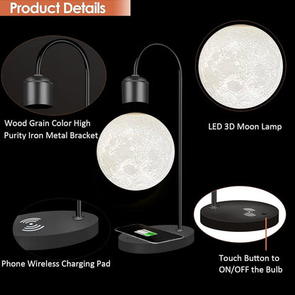 Magnetic Floating Moon Lamp Levitation Plastic Black Table LED Night Lamp Zero Gravity Floating Table Toy - Phone Wireless Charger Gift