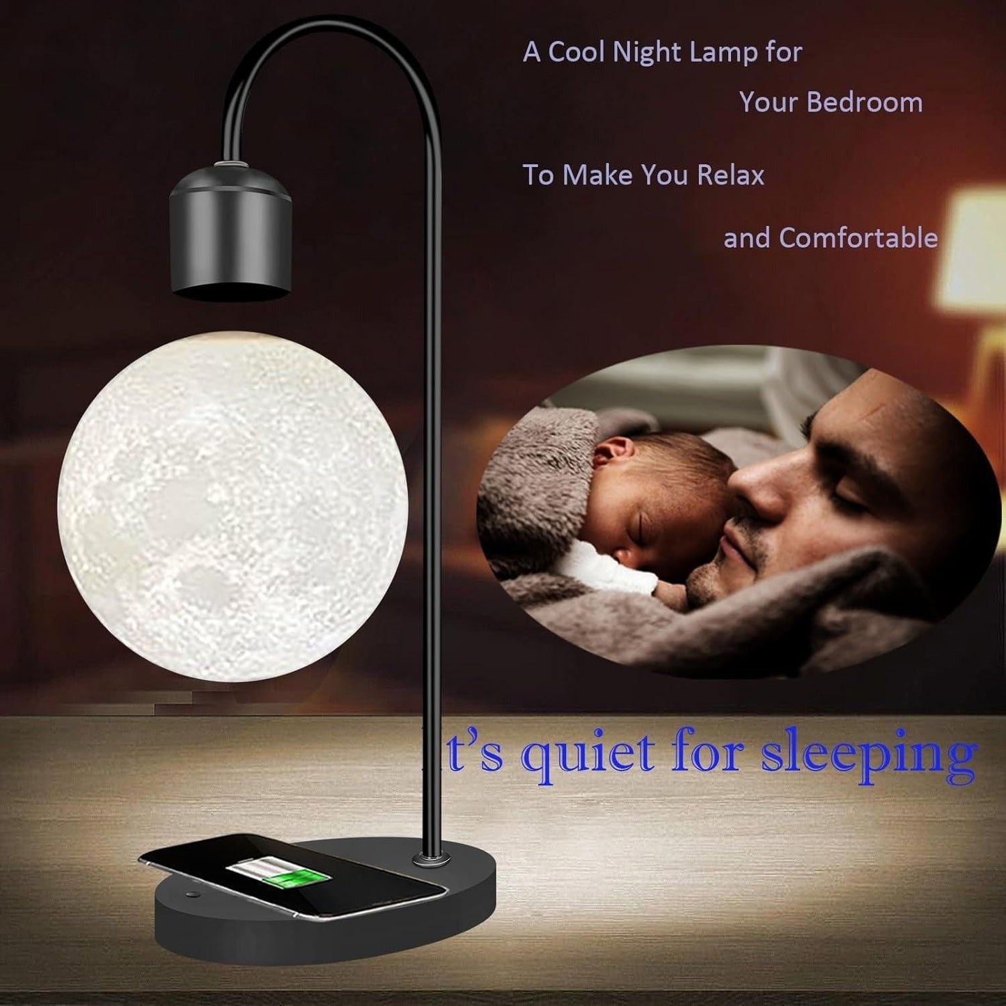 Magnetic Floating Moon Lamp Levitation Plastic Black Table LED Night Lamp Zero Gravity Floating Table Toy - Phone Wireless Charger Gift