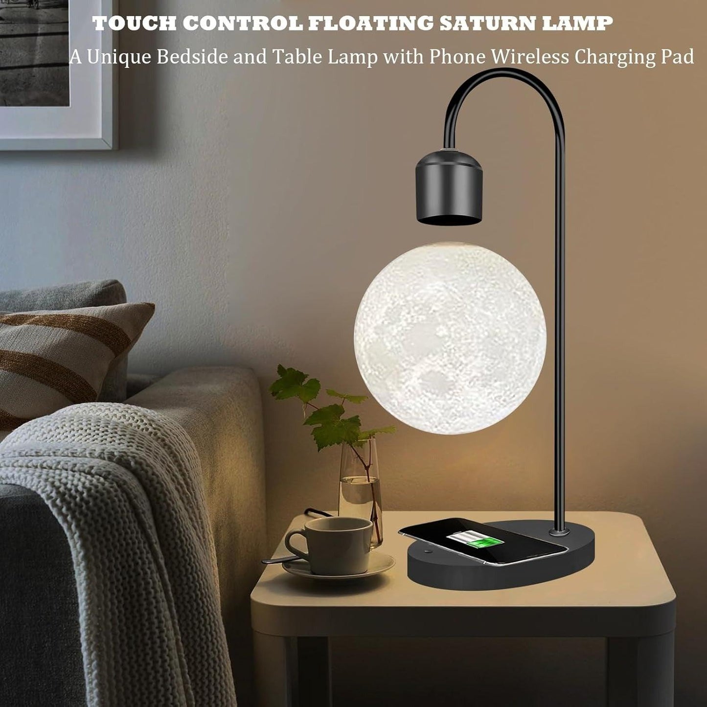 Magnetic Floating Moon Lamp Levitation Plastic Black Table LED Night Lamp Zero Gravity Floating Table Toy - Phone Wireless Charger Gift