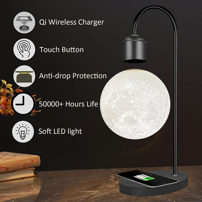 Magnetic Floating Moon Lamp Levitation Plastic Black Table LED Night Lamp Zero Gravity Floating Table Toy - Phone Wireless Charger Gift